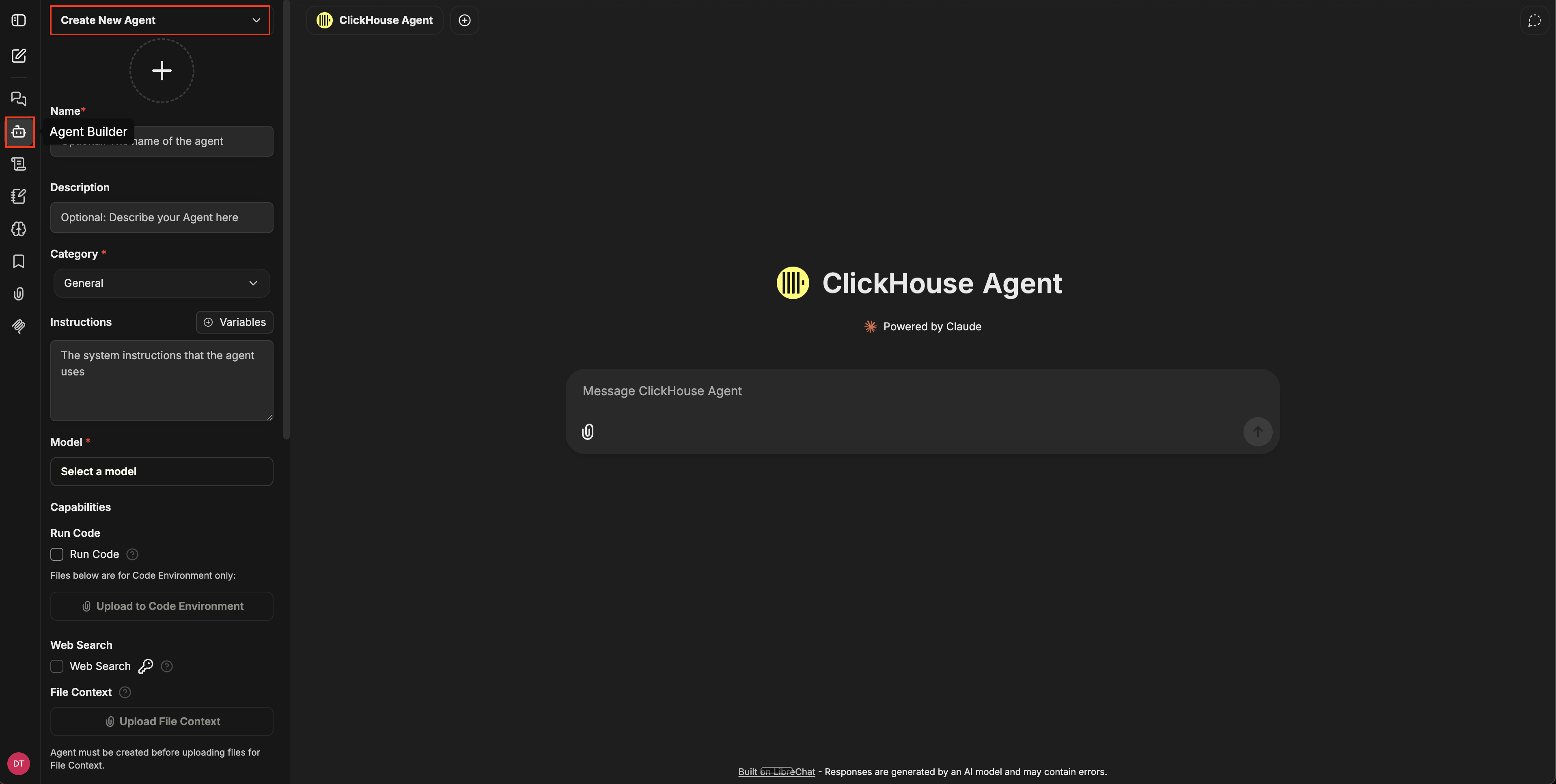Панель Конструктора агентов с раскрывающимся списком Create New Agent, полями формы (Name, Description, Category, Instructions, Model) и разделом Capabilities