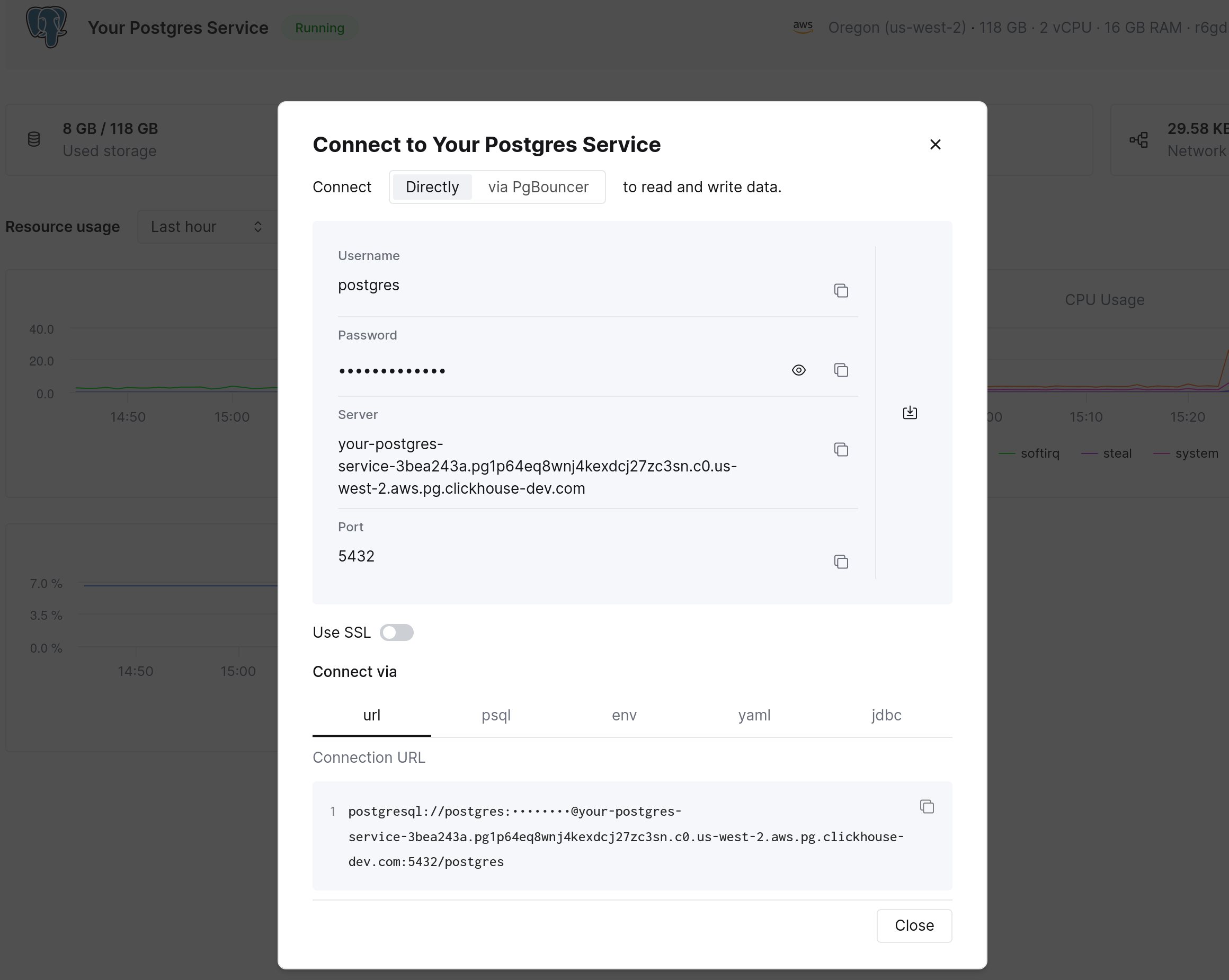 Модальное окно подключения Managed Postgres
