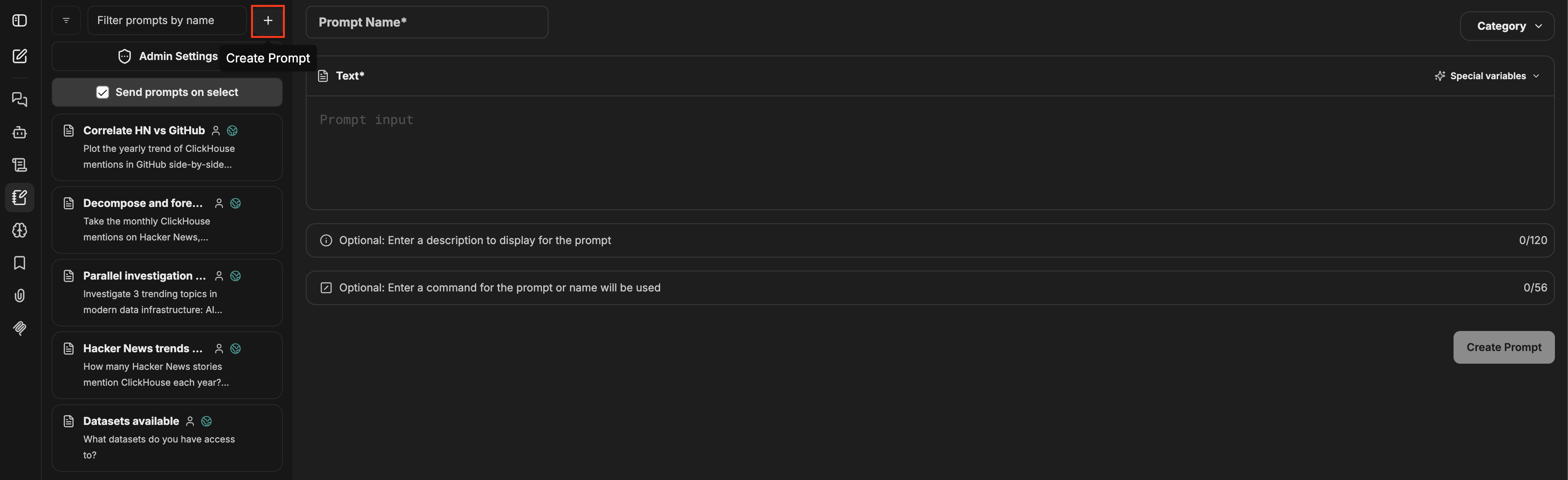 Панель промптов с выделенной кнопкой + слева и открытой формой Create Prompt справа, где показаны поля Prompt Name, Text, Category, Special variables, Description и Command, а также кнопка Create Prompt