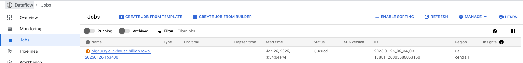 Консоль Dataflow с выполняющим�ся заданием BigQuery to ClickHouse