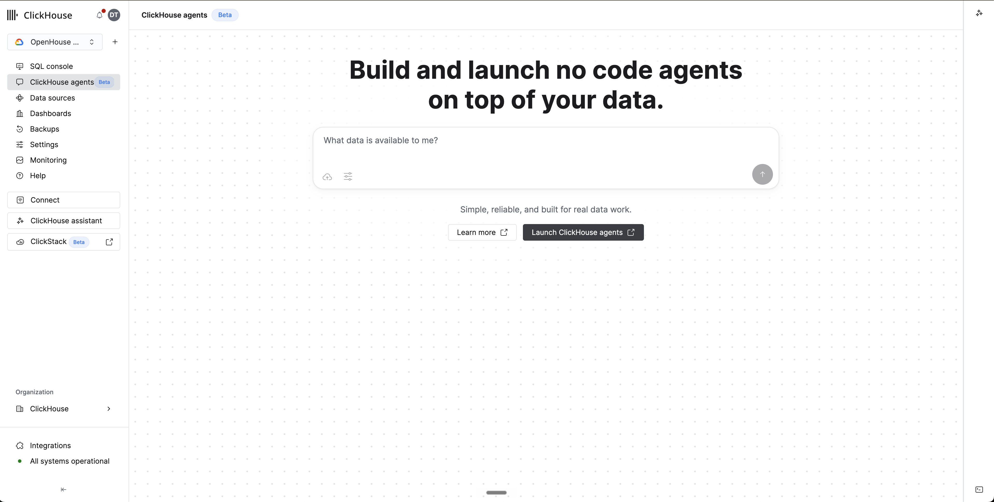 Навигация сервиса ClickHouse Cloud с выбранным пунктом ClickHouse agents (бета), показывающая страницу запуска с кнопкой Launch ClickHouse agents