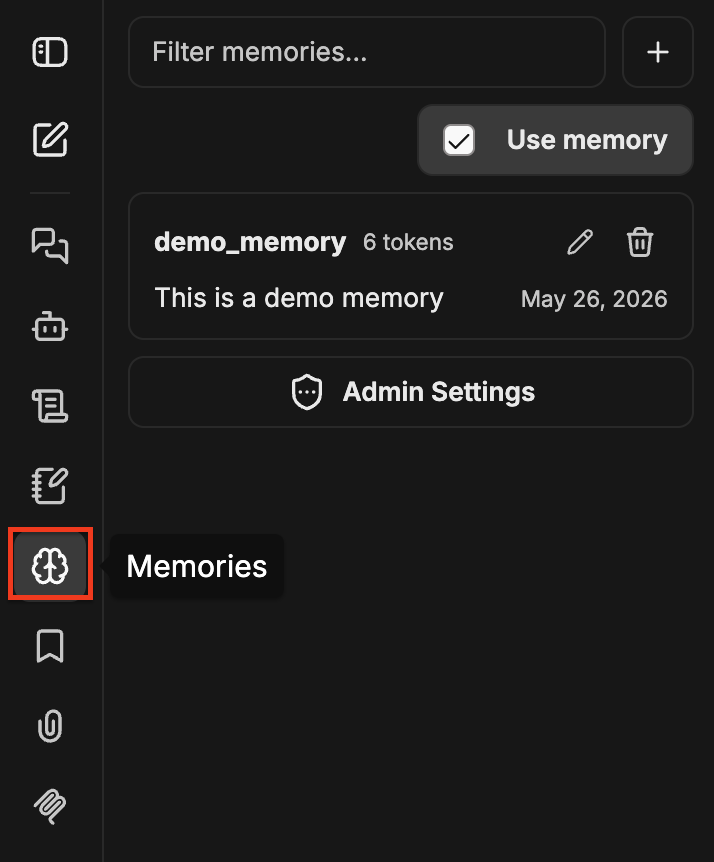 Панель Memories с выделенным значком мозга на левой панели навигации, полем фильтра, кнопкой Add, флажком Use memory, записью Memory с элементами управления для редактирования и удаления, а также кнопкой Admin Settings