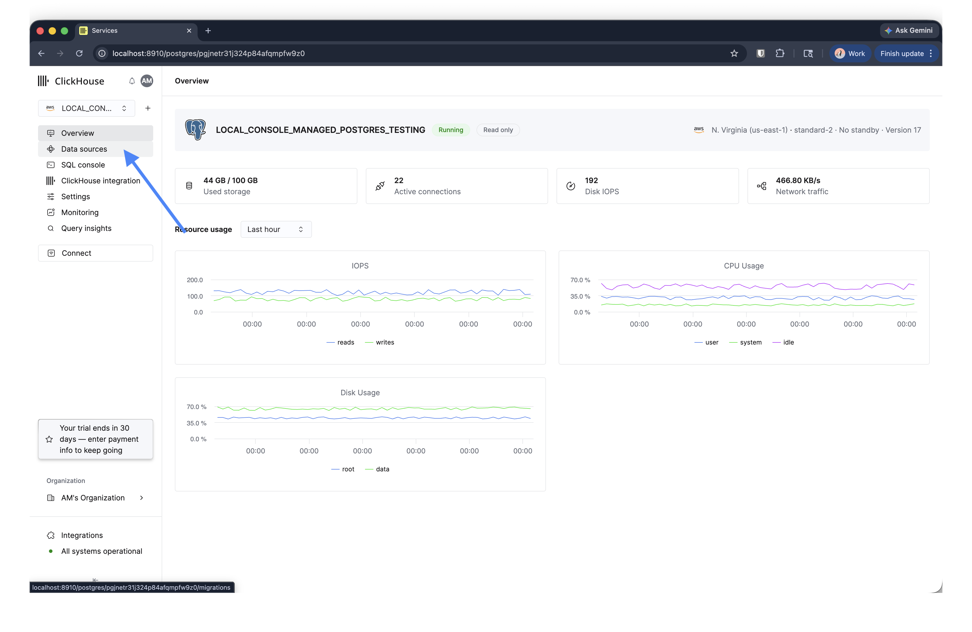 Пу�нкт Источники данных на боковой панели сервиса Managed Postgres